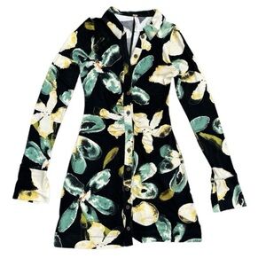 Free People button up dress floral print black yellow long sleeve size large